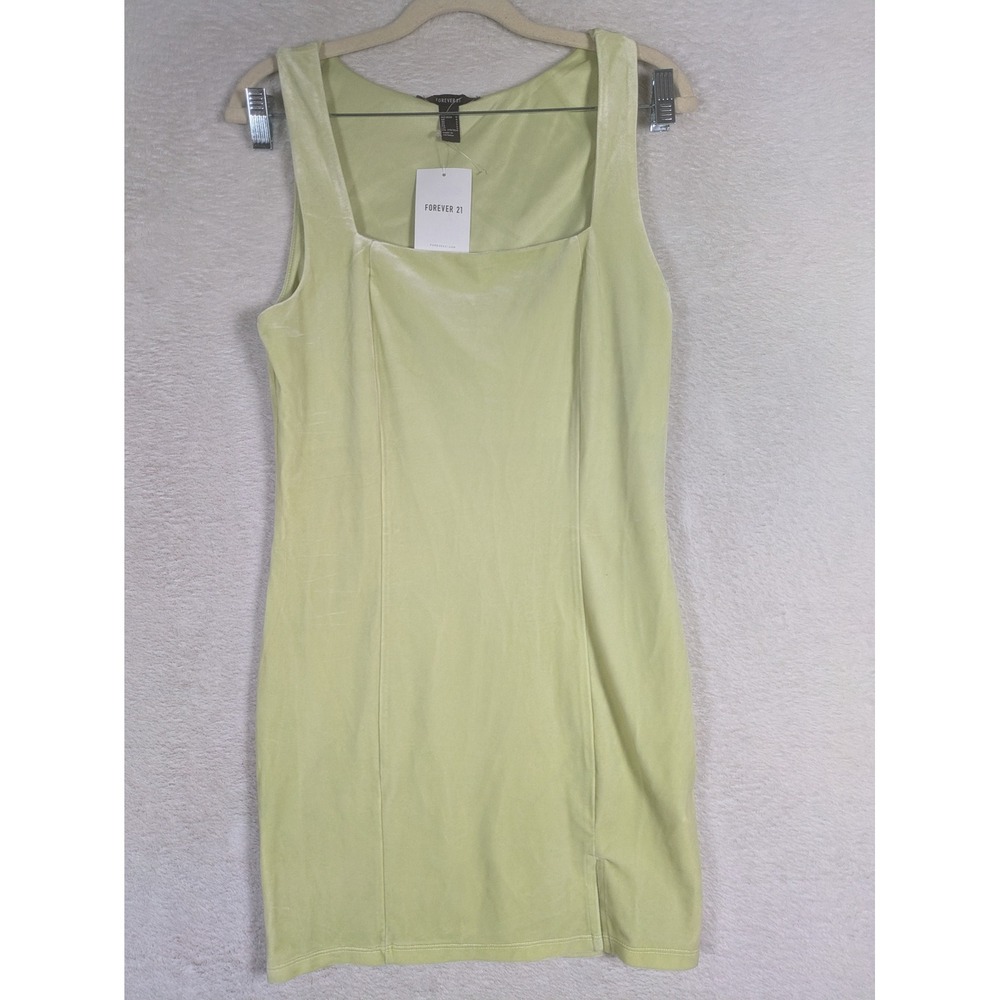 NEW Forever 21 Knit Dress Women's L Green Velvet Square Neck Side Slit Mini